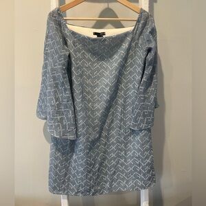 𝅺aqua chambray off the shoulder print boho linen blend dtess large